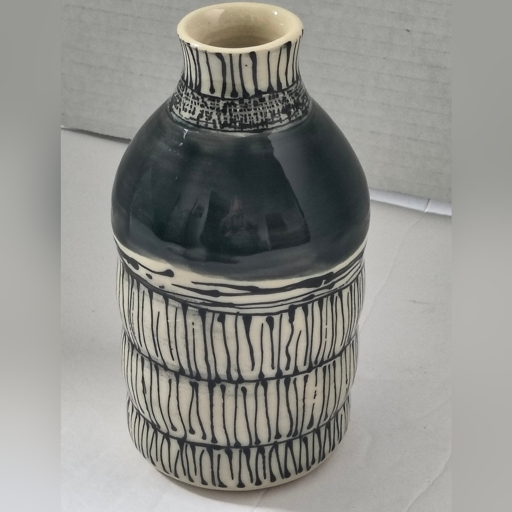 Signed Pottery Vase Black Cream  glossy Finish textured ribbed Decor Abstract